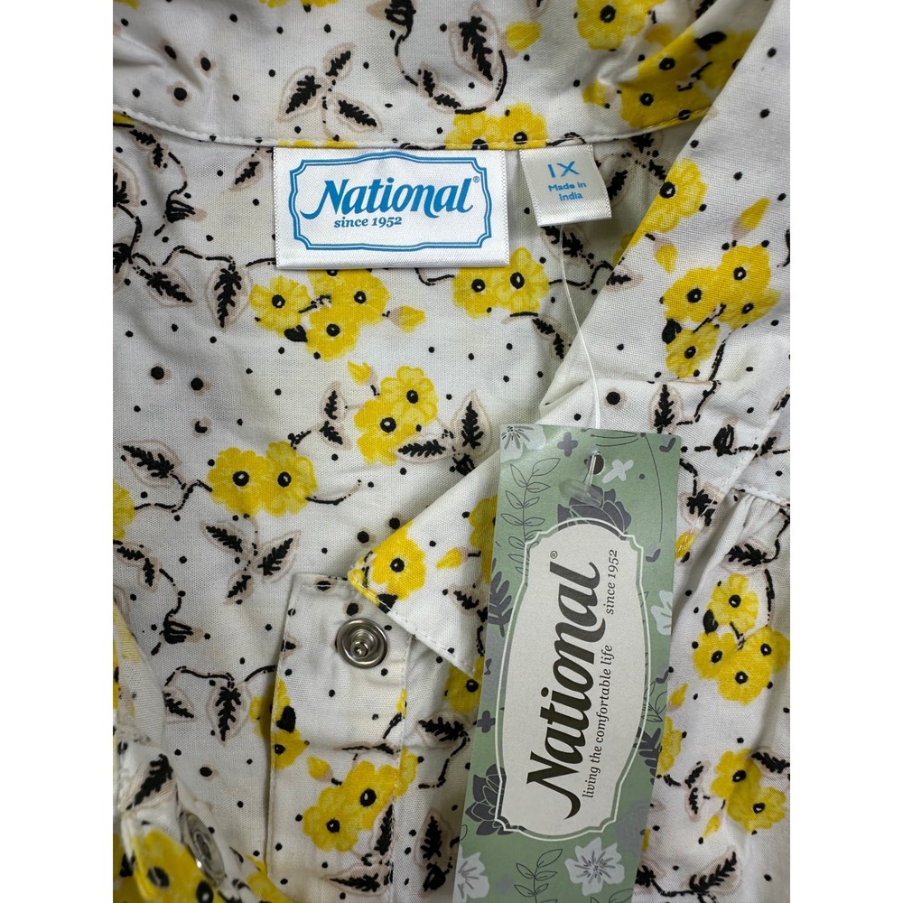 National 1X New Floral Polka Dot Snap Front Duster House Dress White Yellow 1952